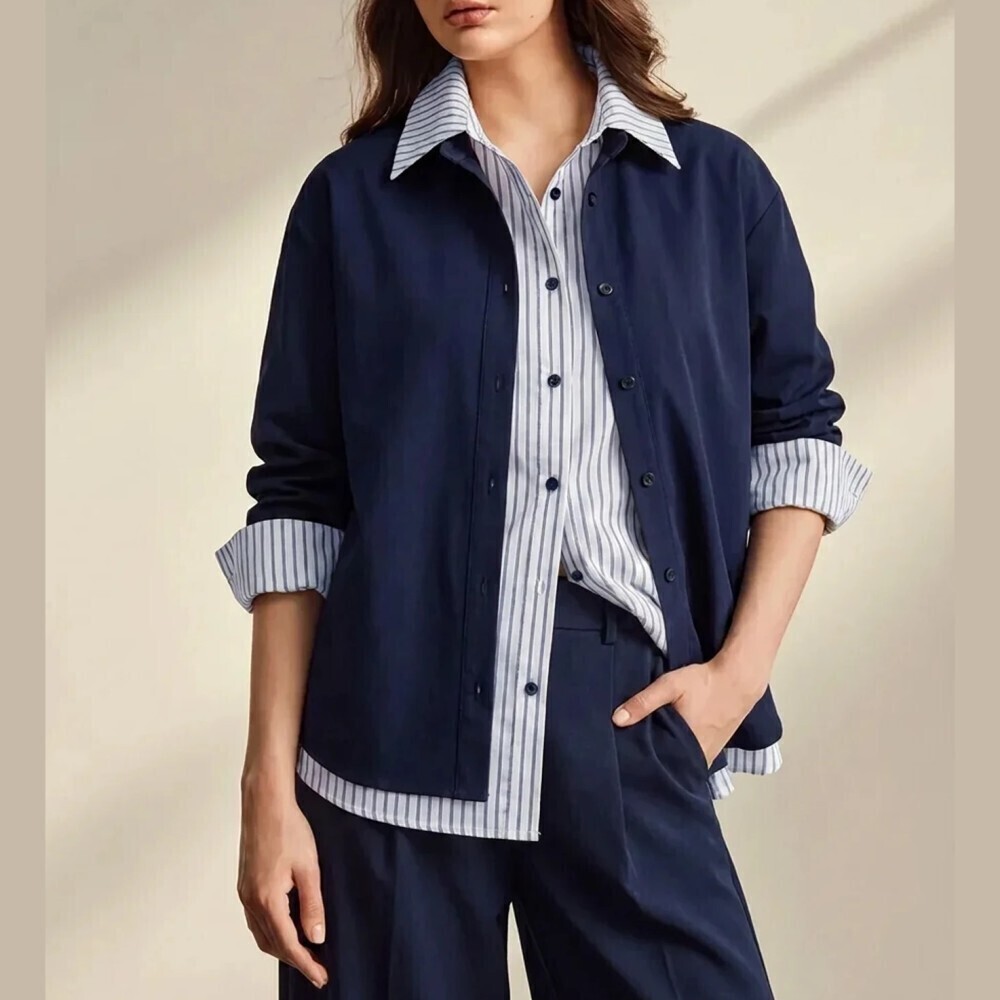 Navy Blue & Striped Layered Look Button Front Long Sleeve Collared Shirt